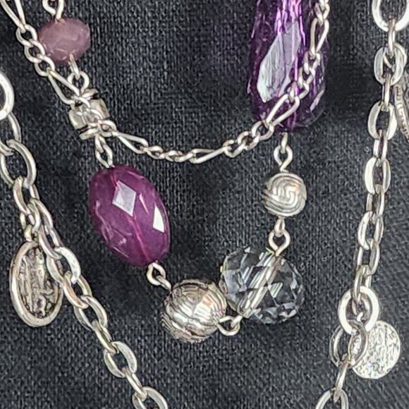 Premier Designs Silver Tone Three Strand Purple Silver Bead Coin 32" Necklace - Picture 5 of 16